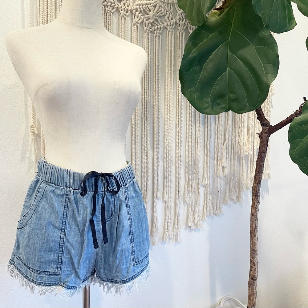 Free People Blue Distressed Denim Cutoff Drawstring Relaxed Shorts - Size Large
